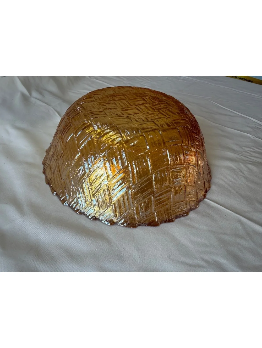 Imperial Basketweave Amber Carnival Glass 8” Serving Bowl Iridescent Vintage